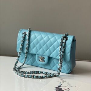 CHANEL Light Blue Quilted Shoulder Bag with Silver Chain